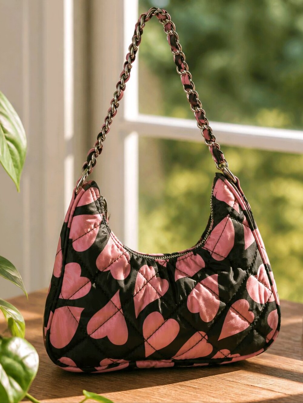 INC International Concepts Black Pink Heart Shoulder Bag Quilted Canvas Y2K